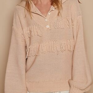 POL Cream V-Neck Sweater with Fringe